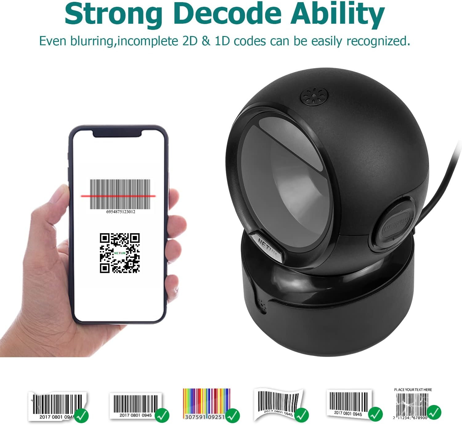Ein schwarzer Barcode-Scanner wird gezeigt. Ein Smartphone zeigt einen Barcode an. Mehrere Barcode-Beispiele befinden sich unten.