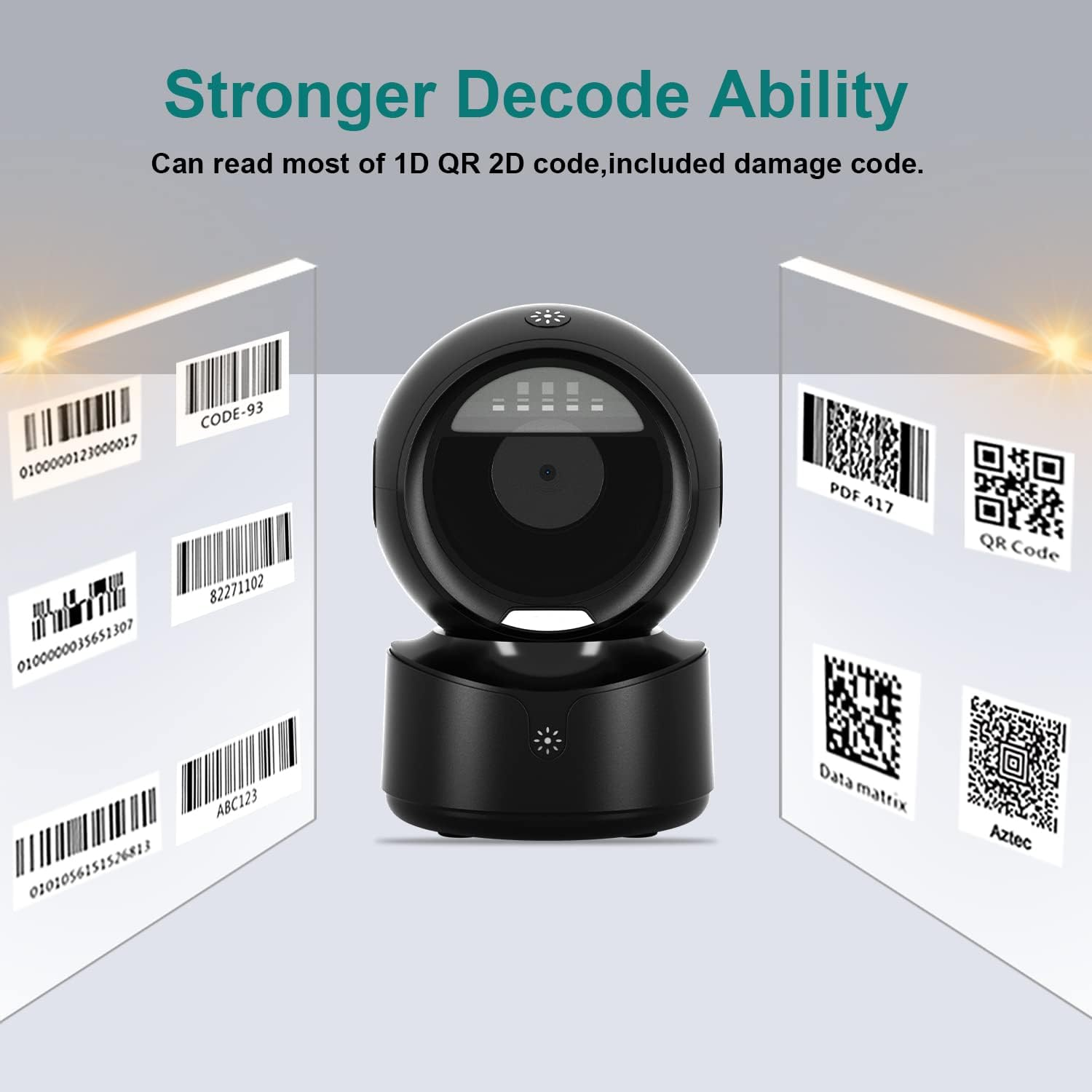 Ein schwarzer Barcodescanner mit verschiedenen Barcodes und QR-Codes auf weißen Tafeln, die seine Lesefähigkeit anzeigen.
