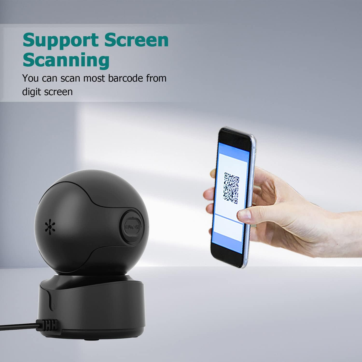Eine schwarze Überwachungskamera neben einer Hand, die ein Smartphone mit einem QR-Code hält. Oben steht 'Support Screen Scanning'.