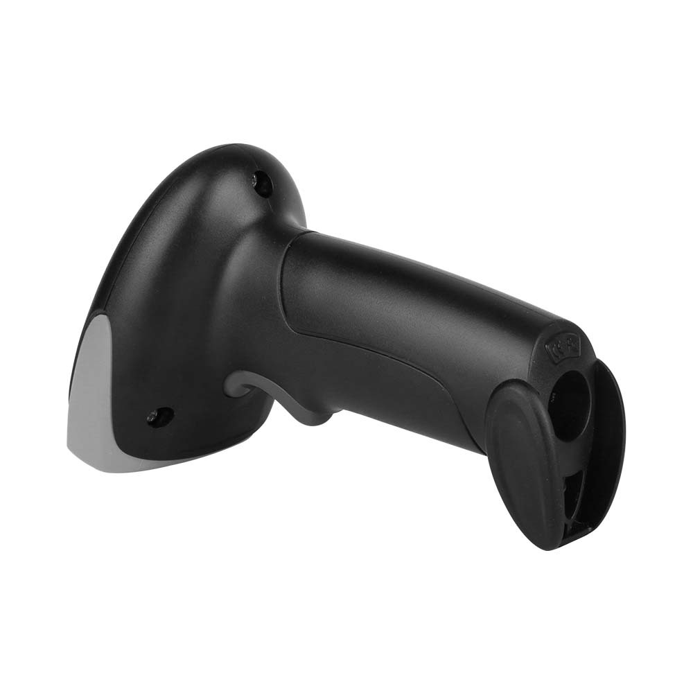 Ein schwarzer Barcode-Scanner mit grauem Akzent. Er hat einen Griff und einen Scankopf.