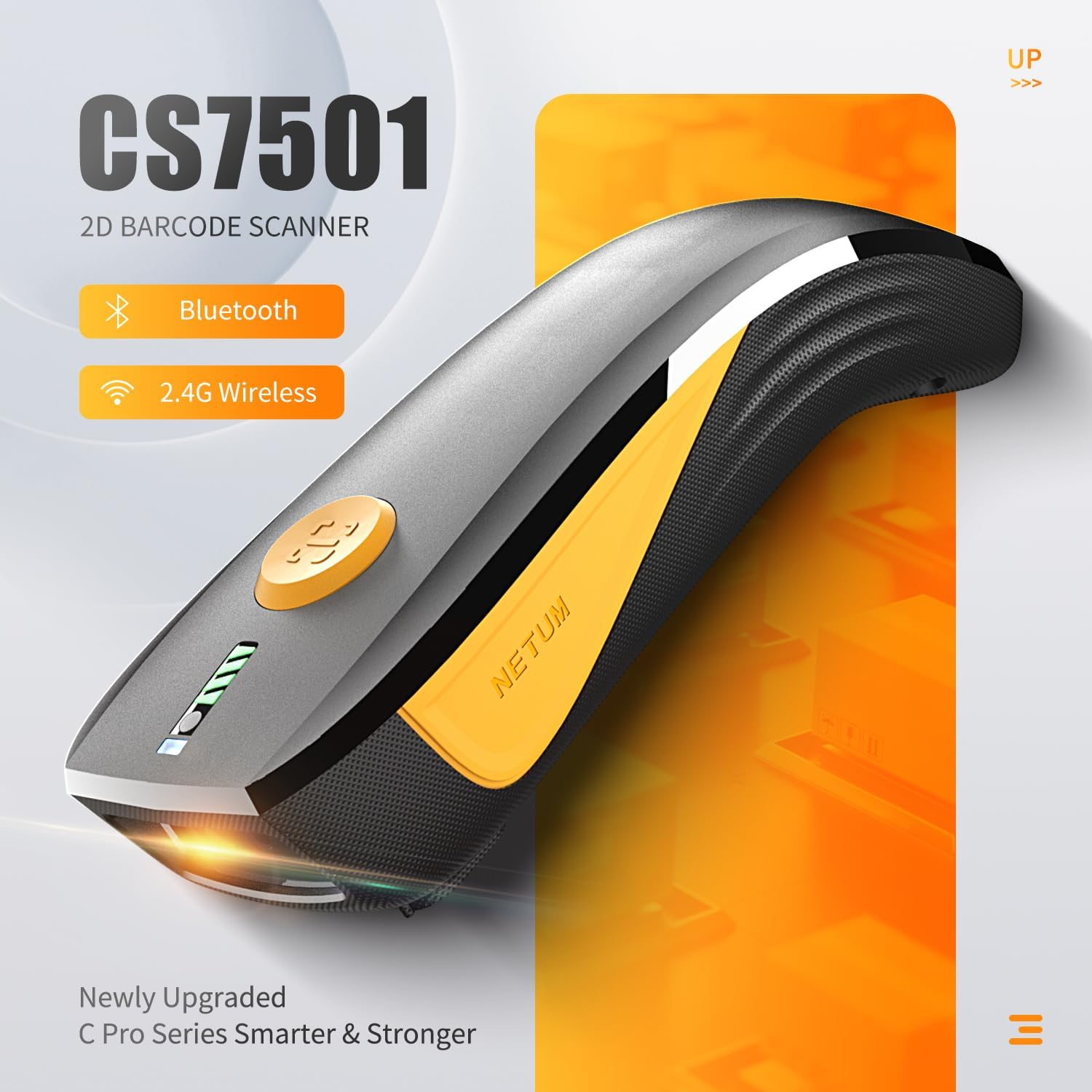 Ein Barcode-Scanner CS7501 mit Bluetooth und 2,4G-Wireless. Der Hintergrund ist orange.