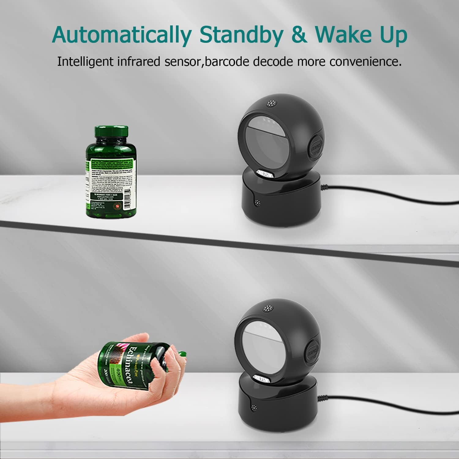 Ein Scanner und eine Flasche Echinacea-Pillen stehen im Regal. Eine Hand hält die Flasche. Der Text lautet 'Automatically Standby & Wake Up'.