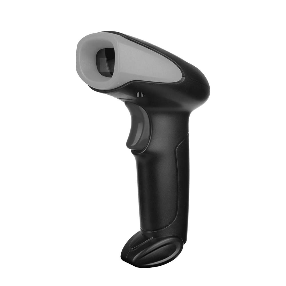 Ein tragbarer Barcode-Scanner. Er ist schwarz mit grauem Oberteil und einem Auslöseknopf. Der Scanner befindet sich auf weißem Grund.