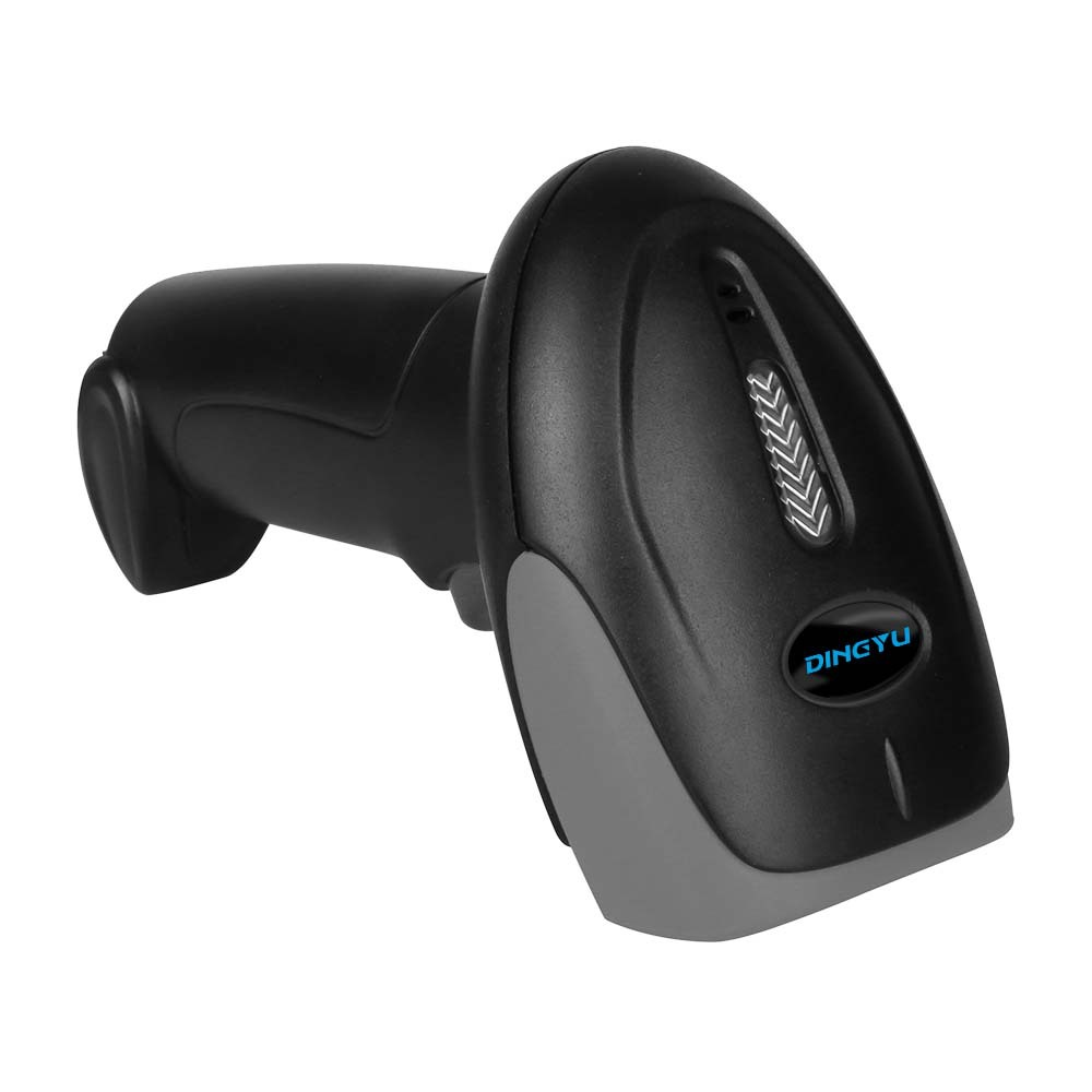 Ein schwarzer und grauer DINGYU-Barcode-Scanner. Der Scanner hat einen Auslöser, einen Griff und einen Lesekopf mit Logo.