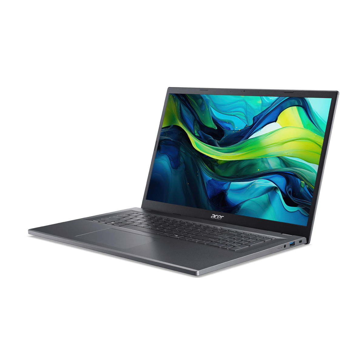 Ein graues Acer-Laptop ist auf einer weißen Oberfläche geöffnet. Der Bildschirm zeigt bunte abstrakte Kunst.
