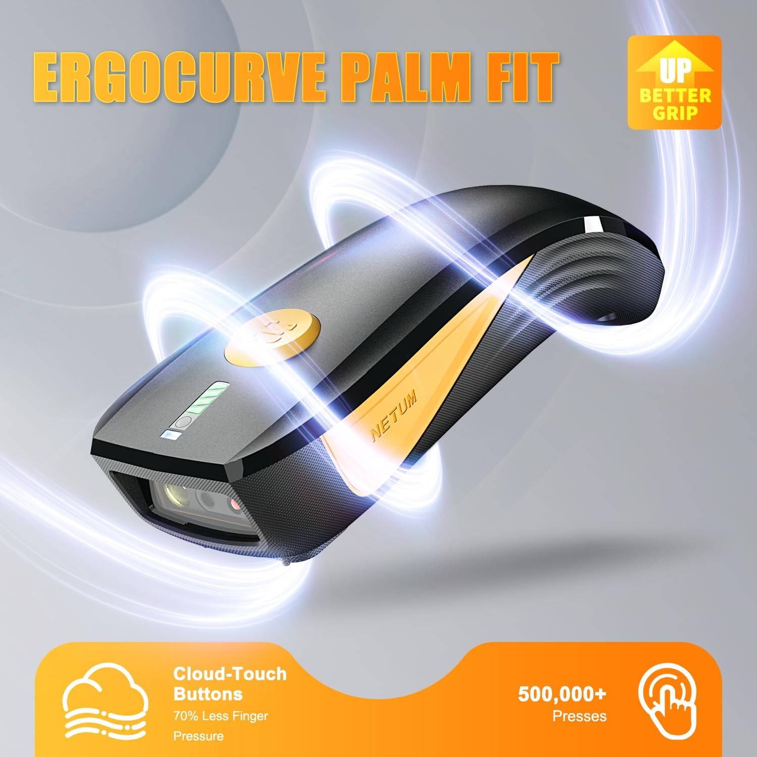 Ein schwarz-goldener Scanner mit dem Text "ERGOCURVE PALM FIT" und Symbolen, die Funktionen wie Cloud-Touch-Tasten anzeigen.