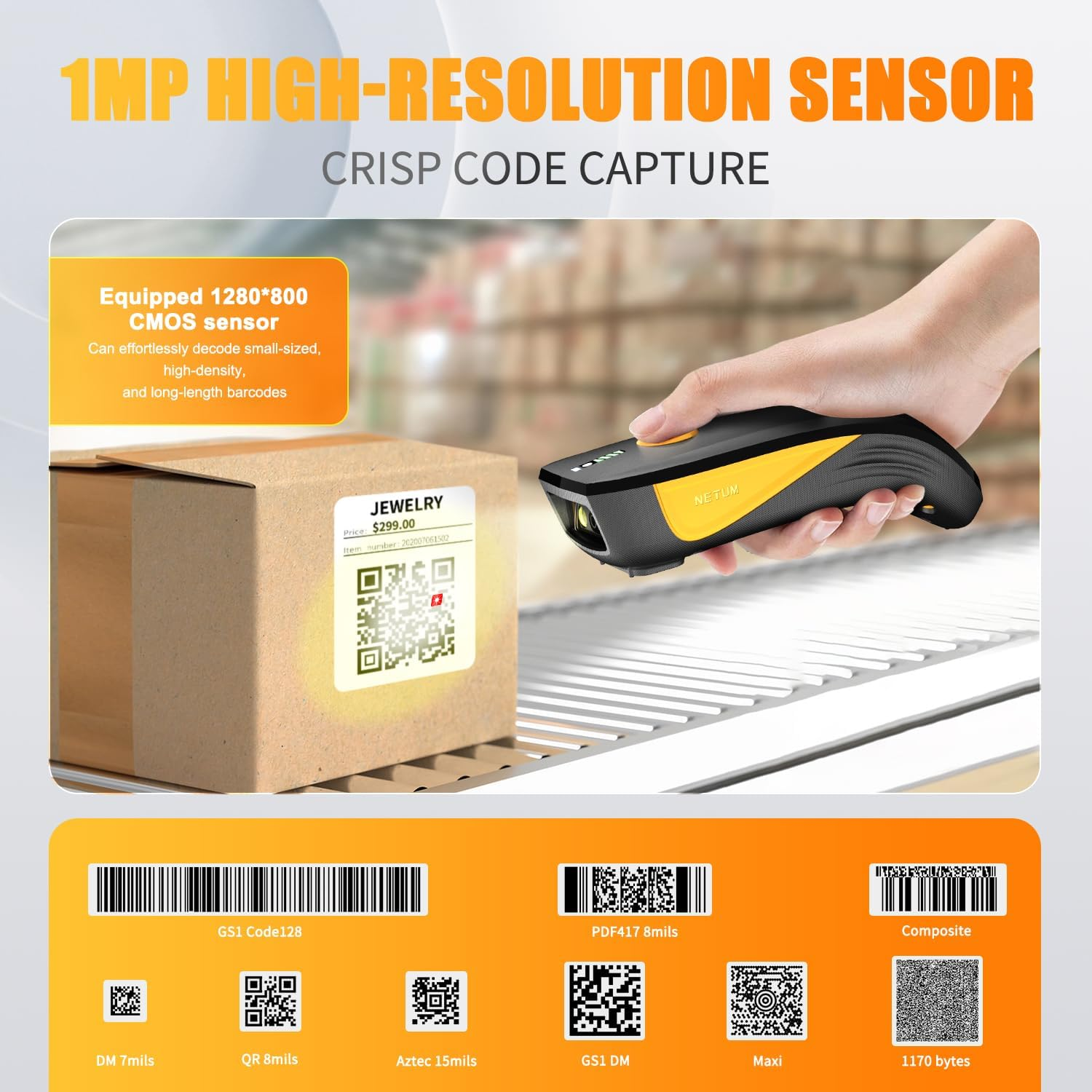 Eine Hand hält einen Barcode-Scanner über einer Schachtel mit einem Barcode. Mehrere Barcode-Typen werden unten angezeigt. Text: 1MP High-Resolution Sensor.