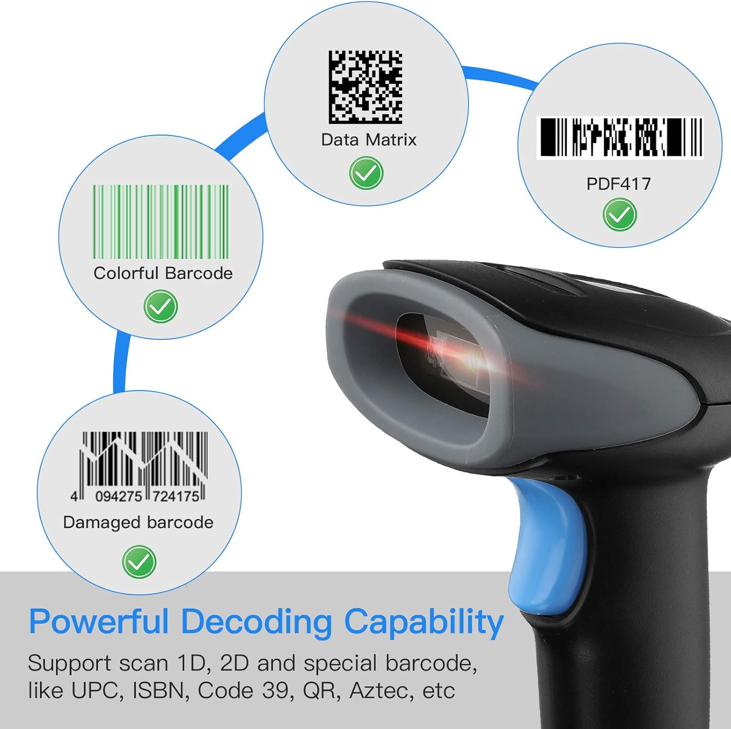 Ein Barcode-Scanner mit verschiedenen Barcode-Typen, darunter Datenmatrix und PDF417, mit blauem Auslöser und Text: 'Leistungsstarke Dekodierfähigkeit'.
