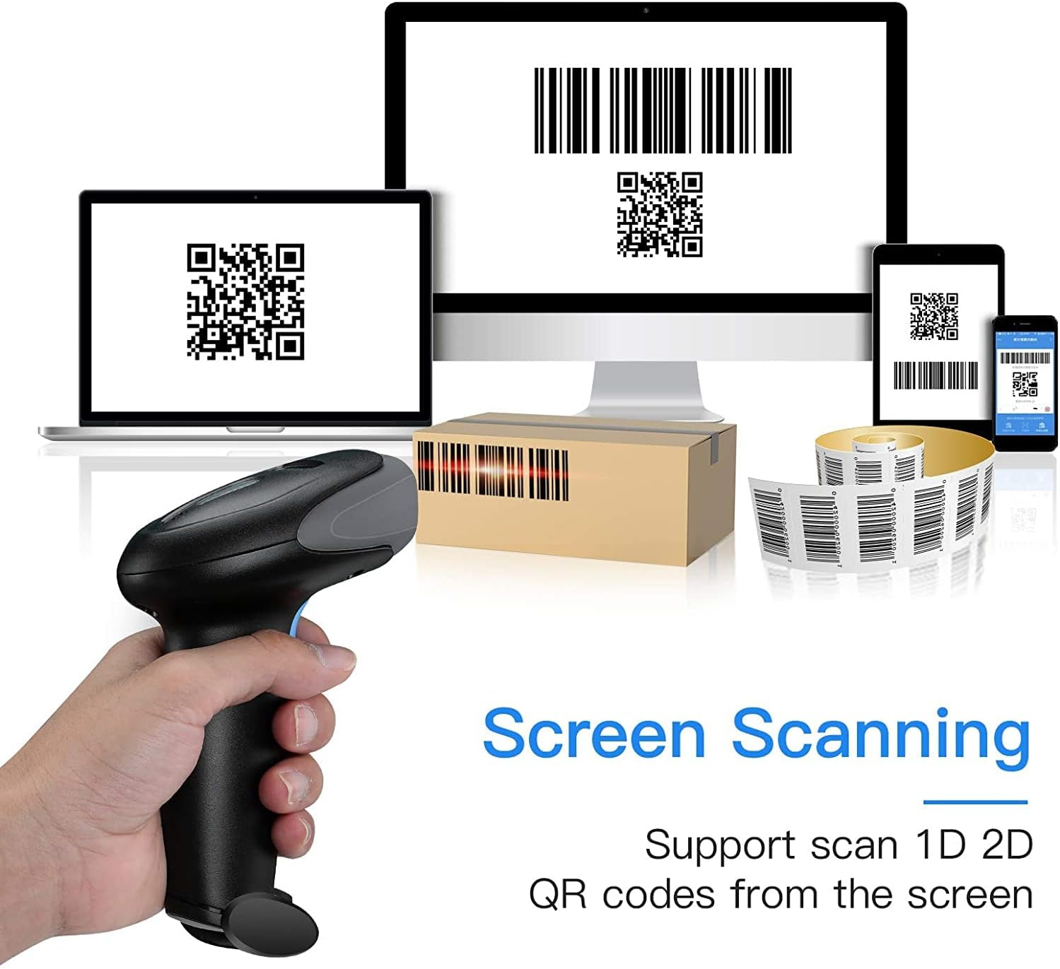 Eine Hand hält einen Barcode-Scanner. Bildschirme zeigen Barcodes und QR-Codes. Eine Schachtel und eine Rolle Etiketten sind ebenfalls vorhanden. Text: Bildschirmscannen.