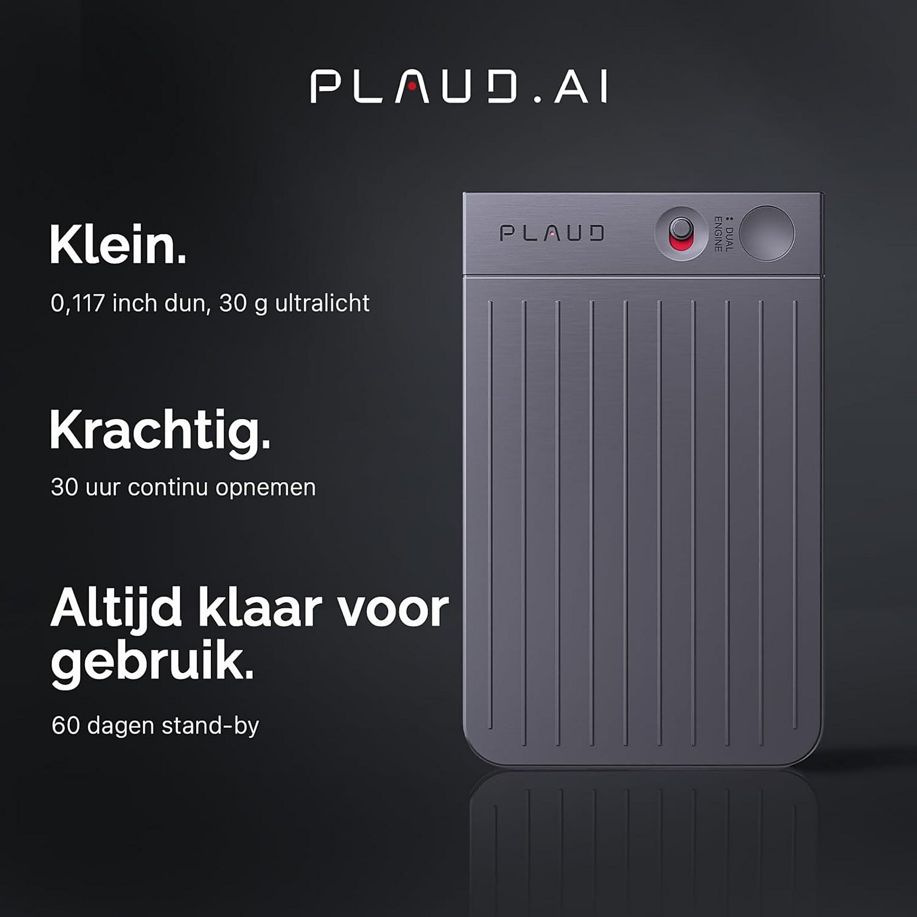 Un appareil gris avec une lumière rouge. Le texte dit 'Klein', 'Krachtig', 'Altijd klaar voor gebruik' et les spécifications du produit.