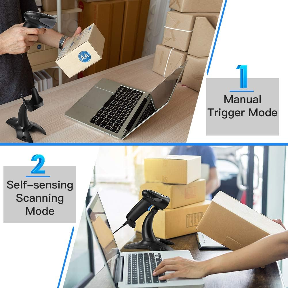 Eine Person scannt eine Box mit einem Barcode-Scanner. Ein Laptop, eine Scannerbasis und gestapelte Kartons sind ebenfalls sichtbar. Das Bild zeigt zwei Scanmodi.