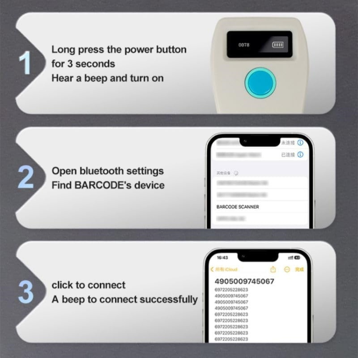 Eine Anleitung zum Verbinden eines Barcode-Scanners über Bluetooth. Schritte zeigen das Drücken der Power-Taste, das Finden des Geräts und die Verbindung.