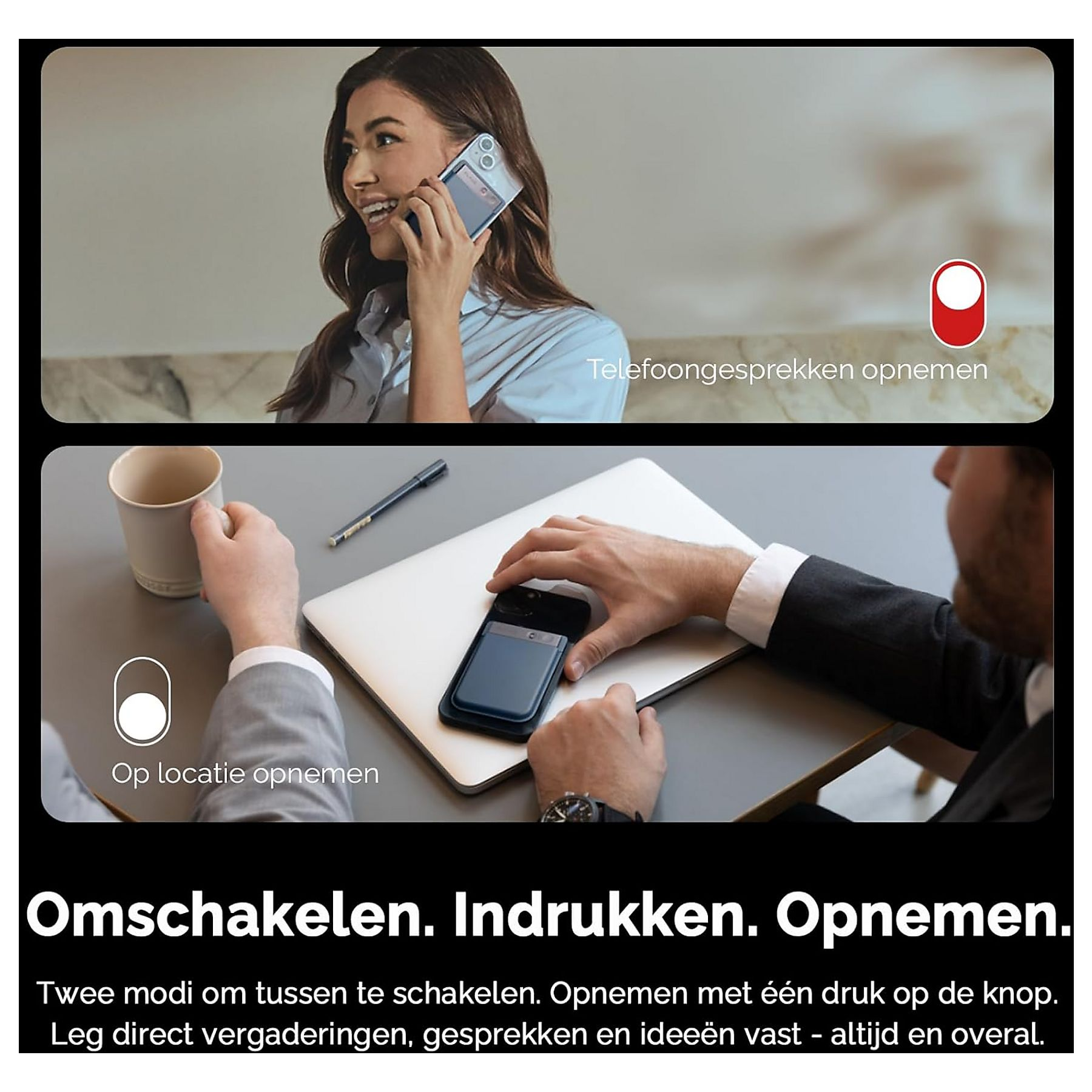 Femme au téléphone, homme avec ordinateur portable. Deux modes: appel et enregistrement sur site.