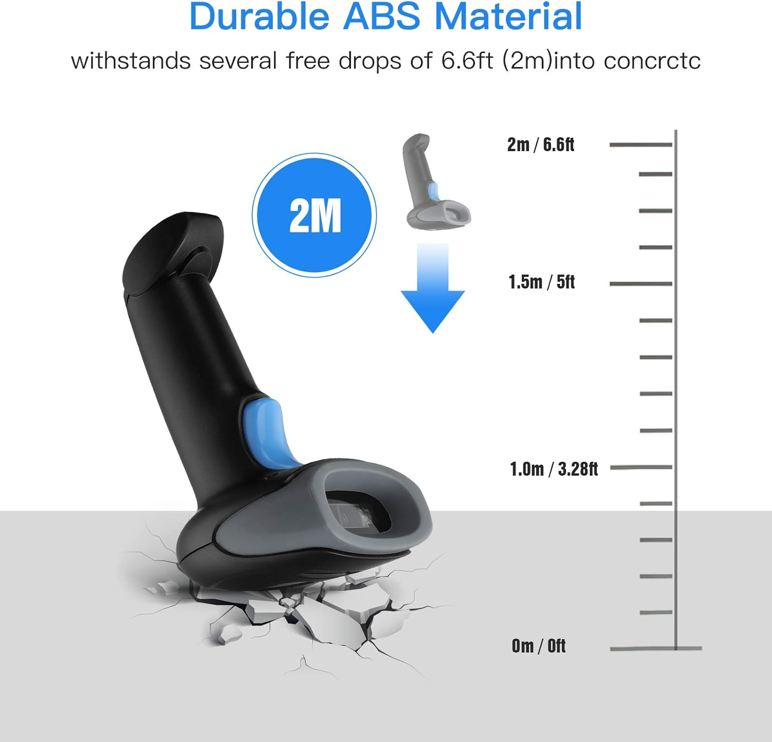 Ein Barcode-Scanner mit blauem Knopf und grauem Ende, der Beton zerbricht. Text: Strapazierfähiges ABS-Material. Zeigt die Fallhöhe.