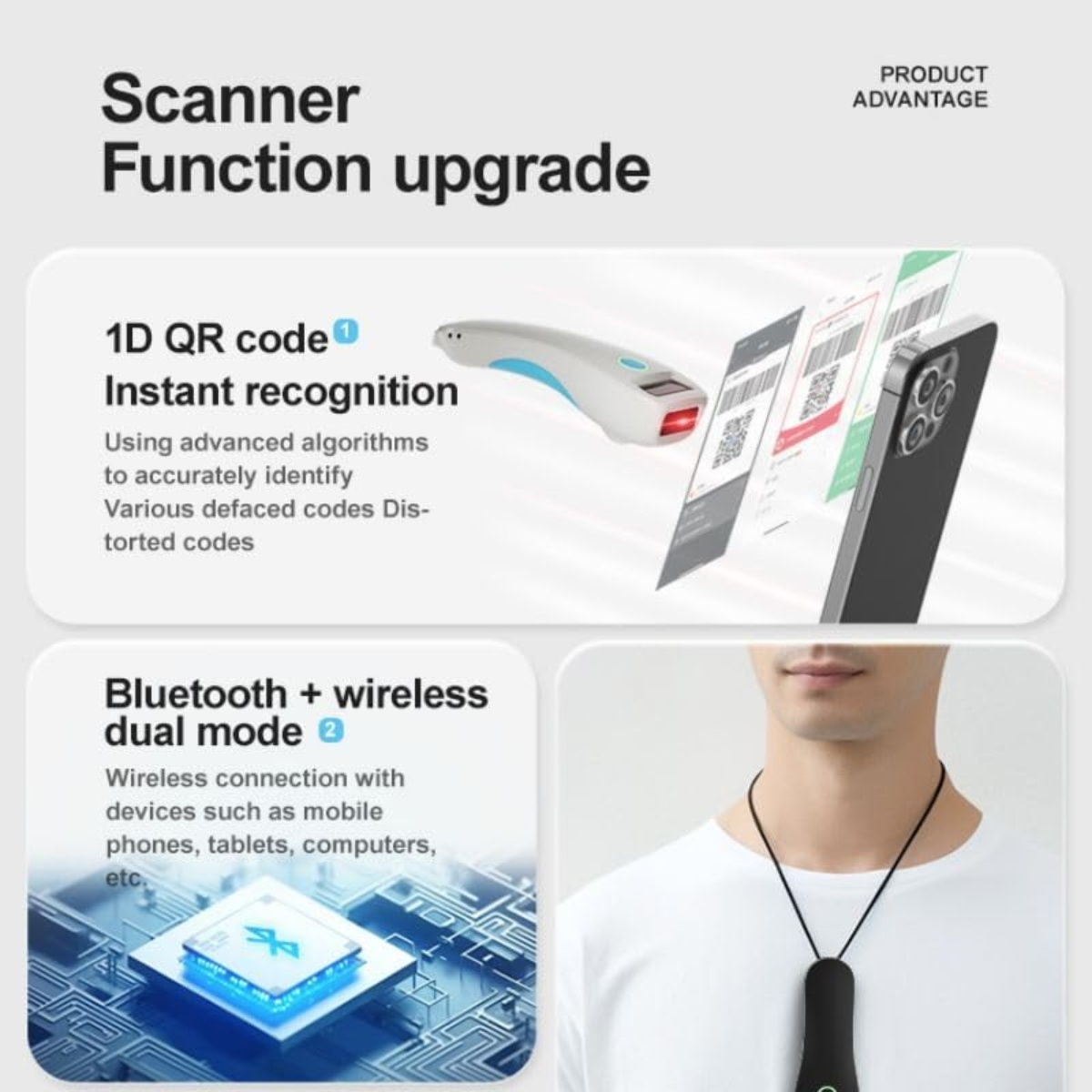 Das Bild zeigt Scanner-Funktionen. Es enthält einen Scanner, ein Telefon, QR-Codes und eine Person, die ein Gerät trägt.