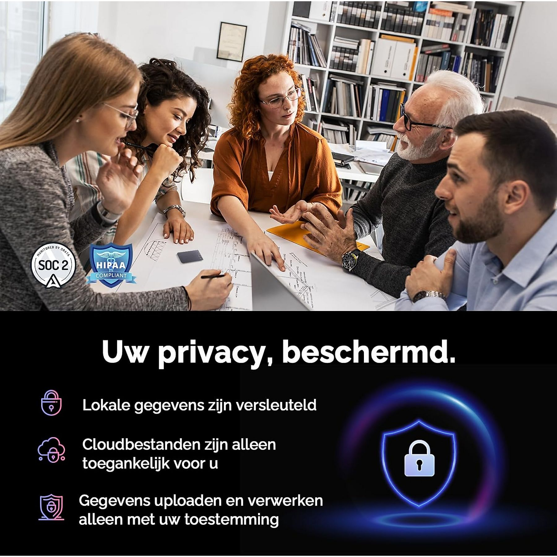 Un groupe de personnes discute d'un document. Le texte dit 'Votre confidentialité, protégée', avec des icônes de sécurité.