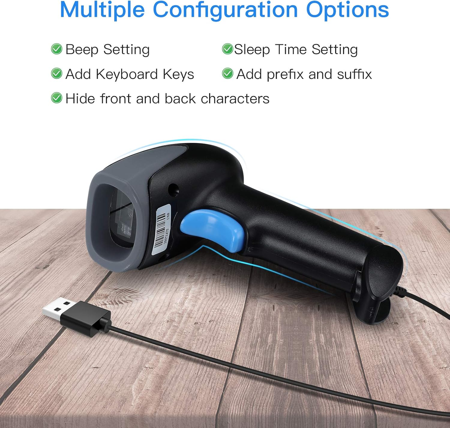 Ein Barcodescanner auf Holzoberfläche, verbunden über ein USB-Kabel. Konfigurationsoptionen sind oben aufgeführt, z. B. Beep-Einstellung.