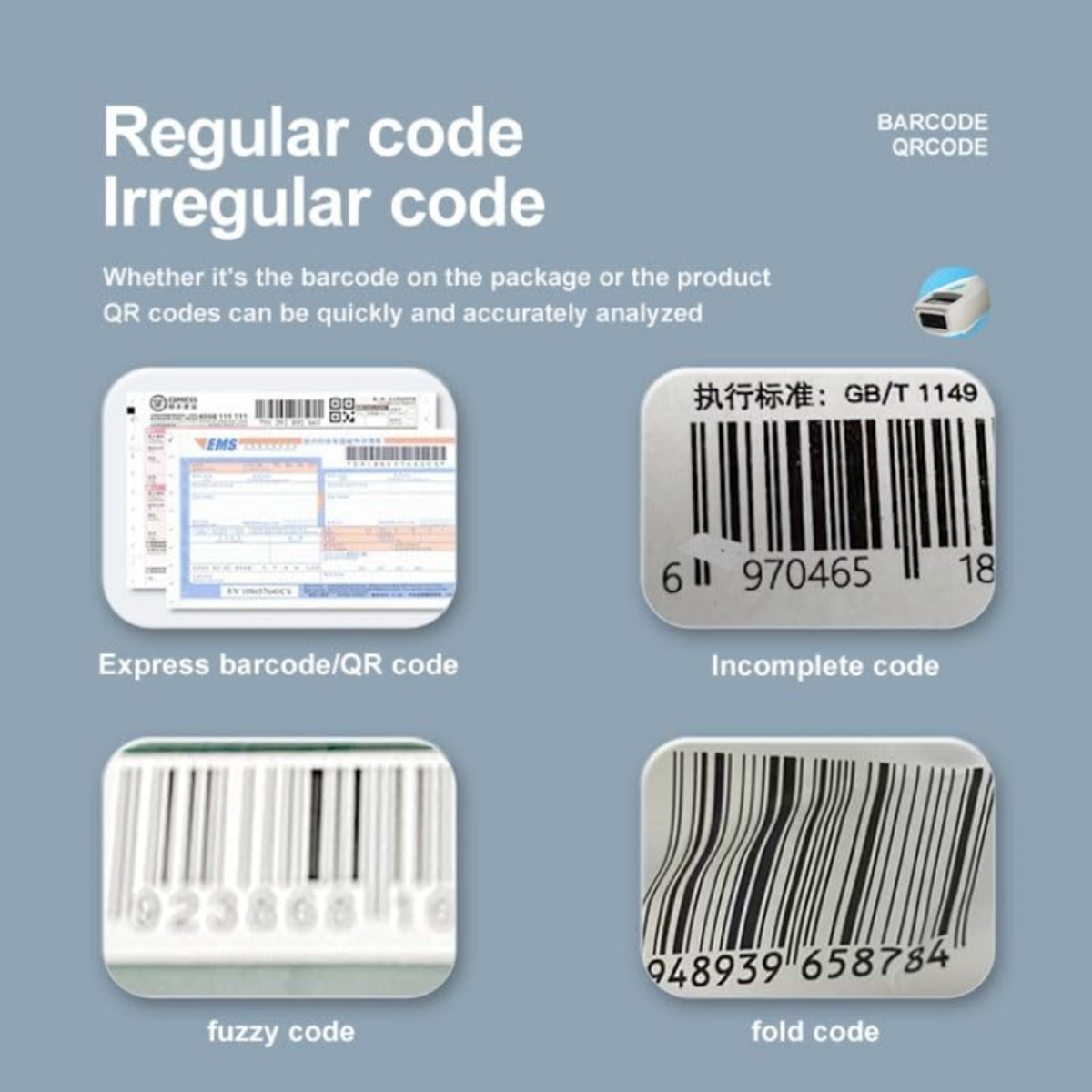Das Bild vergleicht reguläre und unregelmäßige Codes. Enthält Beispiele für Express-Barcodes, unvollständige Codes, Fuzzy-Codes und Faltcodes.