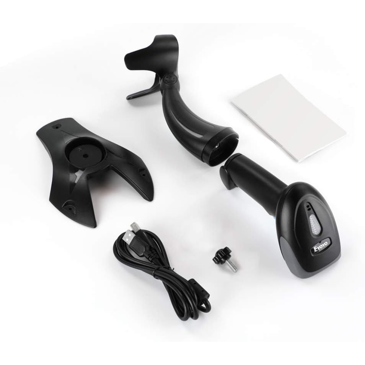 Zerlegte schwarze Barcode-Scanner-Komponenten, einschließlich Scanner, Standteile, Kabel, Schraube und eine weiße Karte, auf weißem Hintergrund.