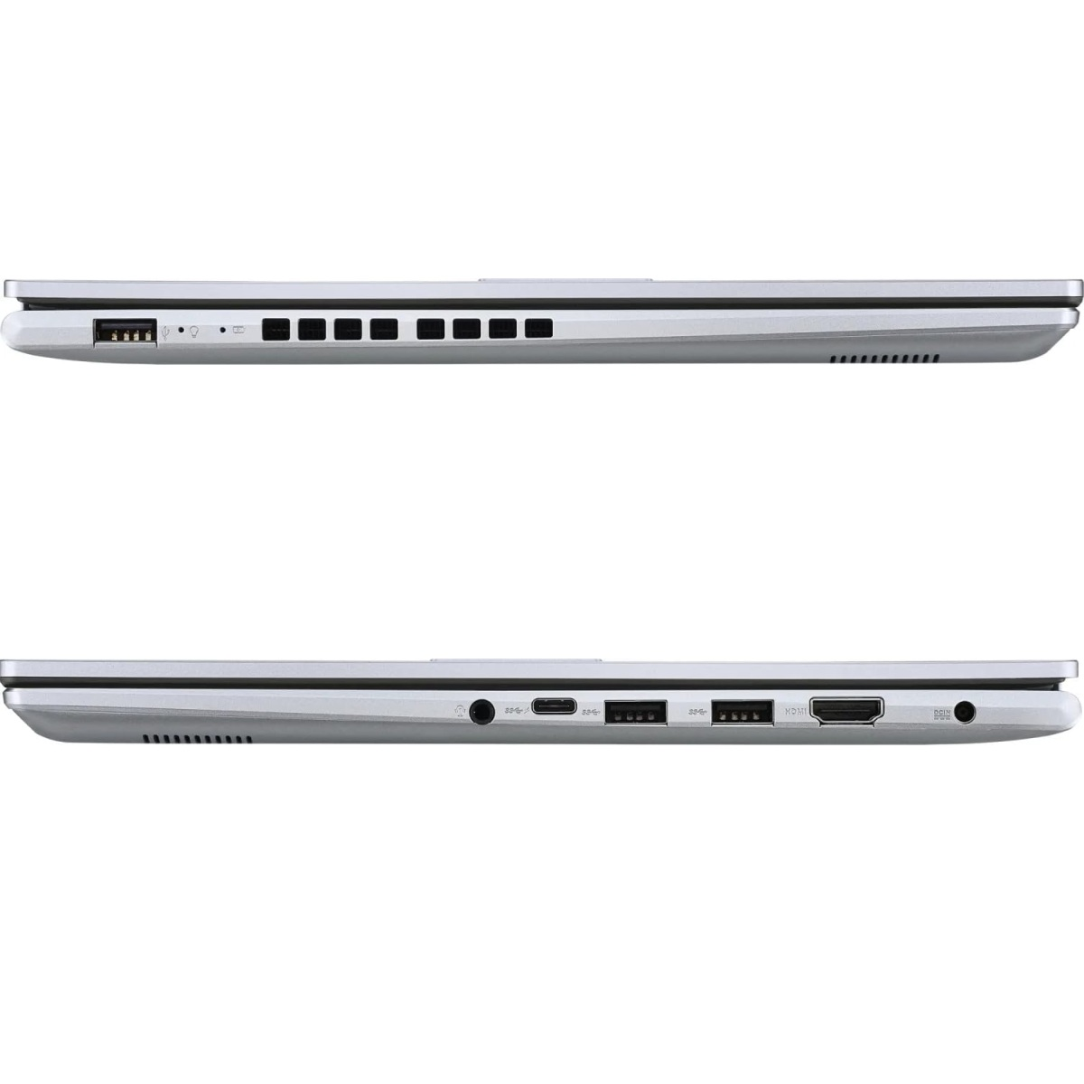 Zwei silberne Laptops von der Seite. Der obere Laptop zeigt Anschlüsse. Der untere Laptop zeigt mehr Anschlüsse und Belüftung.