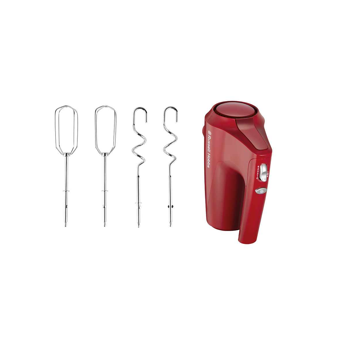 Un frullatore a mano rosso Russell Hobbs con 4 accessori. Due per mescolare, due per sbattere. Tutto su sfondo bianco.