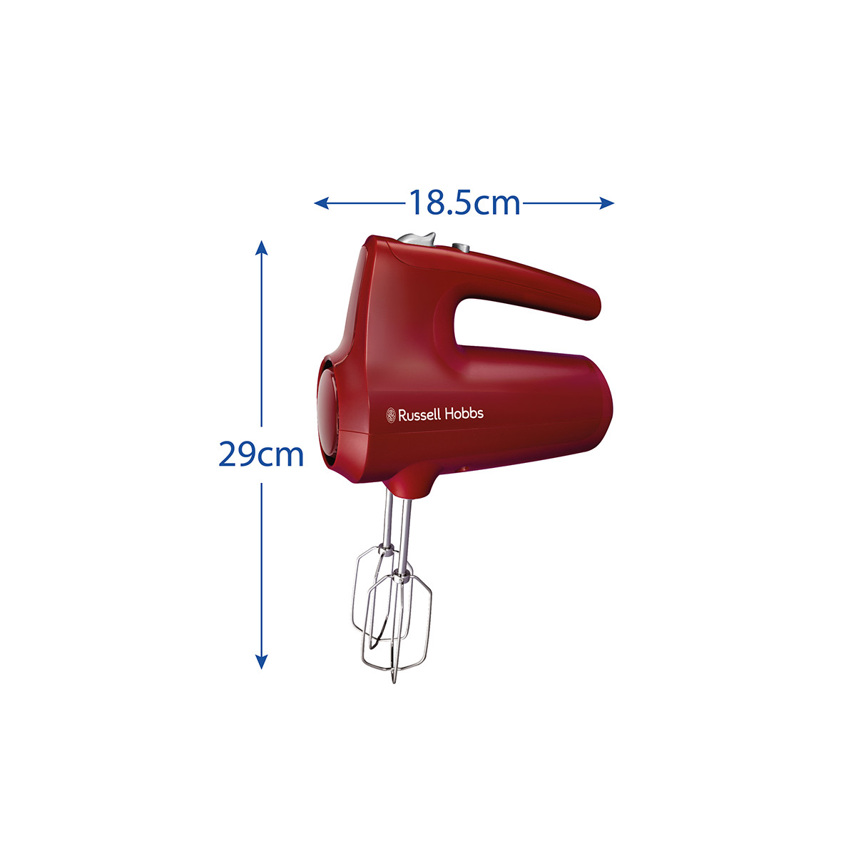 Un frullatore a mano Russell Hobbs rosso, lungo 29 cm e largo 18,5 cm, su sfondo bianco. Le misure sono indicate con frecce.