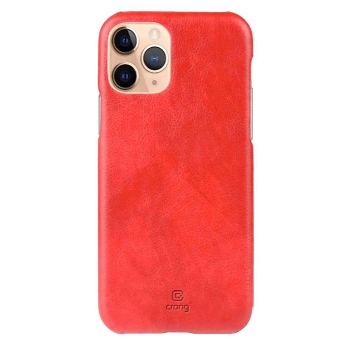 Custodia rossa per telefono con ritaglio per fotocamera. La custodia ha una superficie strutturata e il marchio 'crong' in basso.