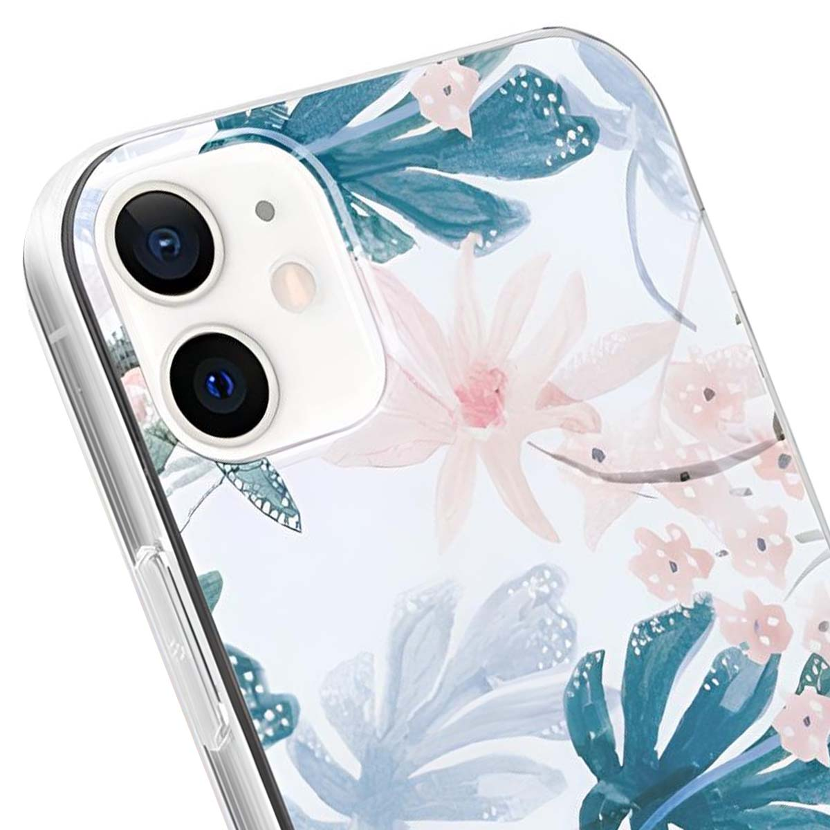 Primo piano di un telefono con custodia floreale. Fiori rosa e blu sono dipinti sulla custodia trasparente. Le lenti della fotocamera sono visibili.