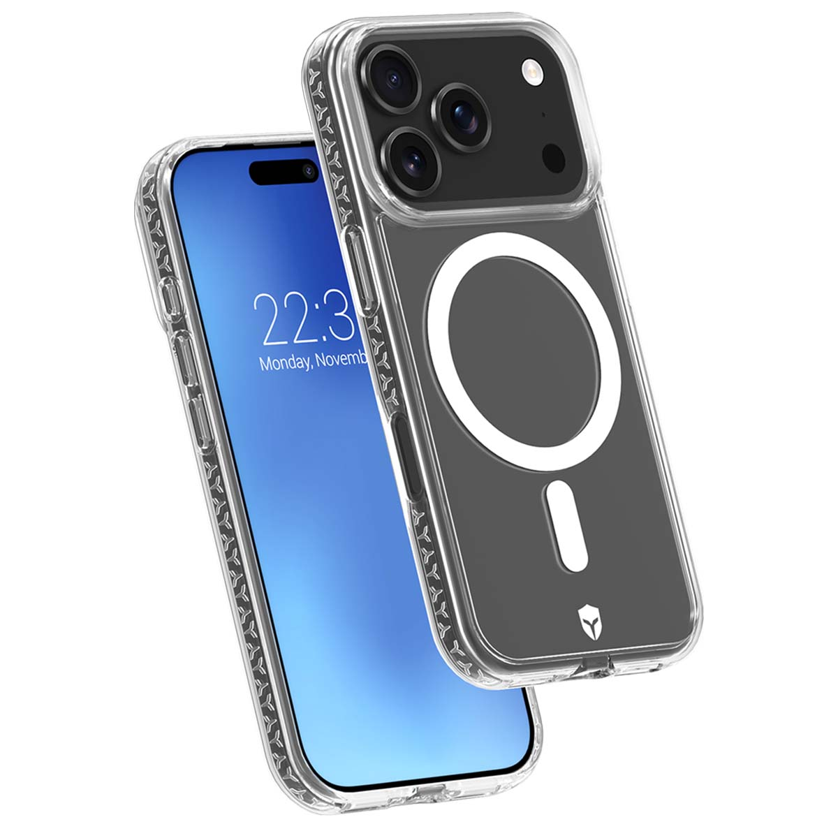 Un iPhone con custodia trasparente è in mostra. Lo schermo mostra l'ora e la data. La custodia ha un cerchio bianco e un segno meno.