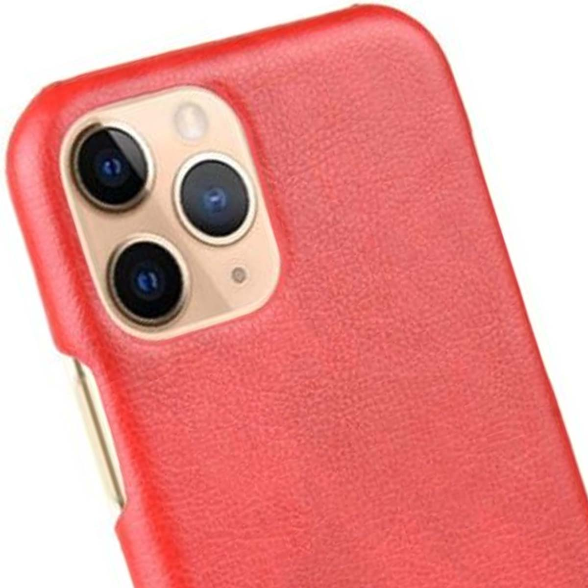 Primo piano di una custodia rossa per telefono con tre obiettivi. La custodia ha una superficie strutturata. Lo sfondo è sfocato.
