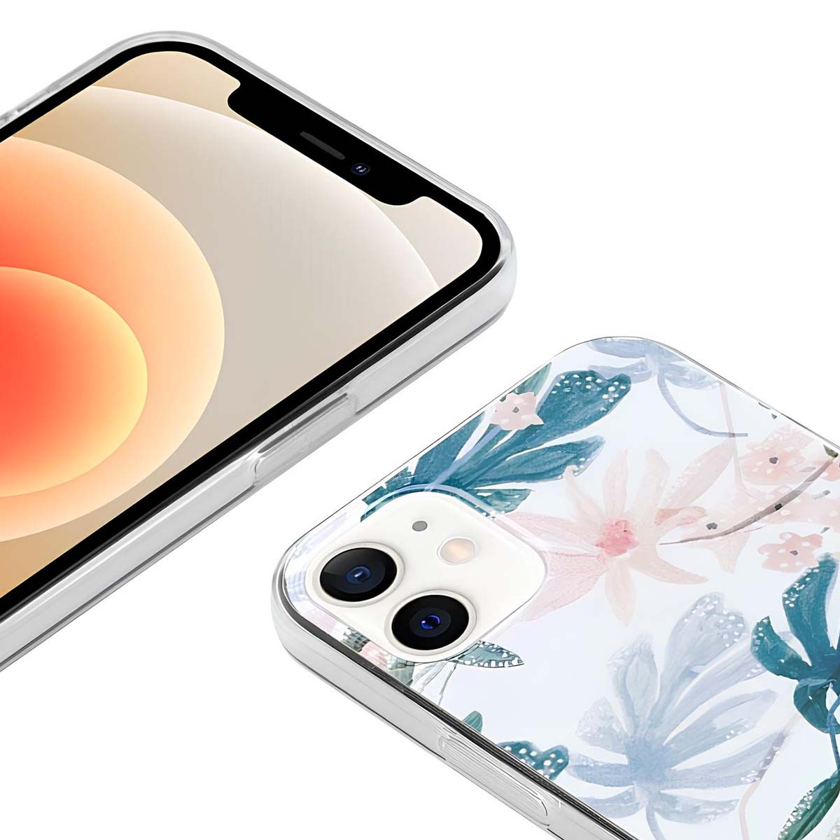 Due iPhone, uno con schermo sfumato arancione. L'altro con custodia floreale con foglie rosa, blu e verdi.