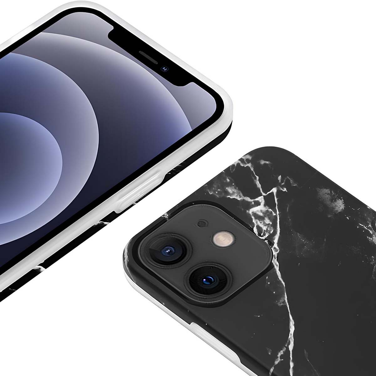 Due custodie per telefoni. Una mostra lo schermo del telefono. L'altra è nera con un design a marmo bianco e lenti della fotocamera.