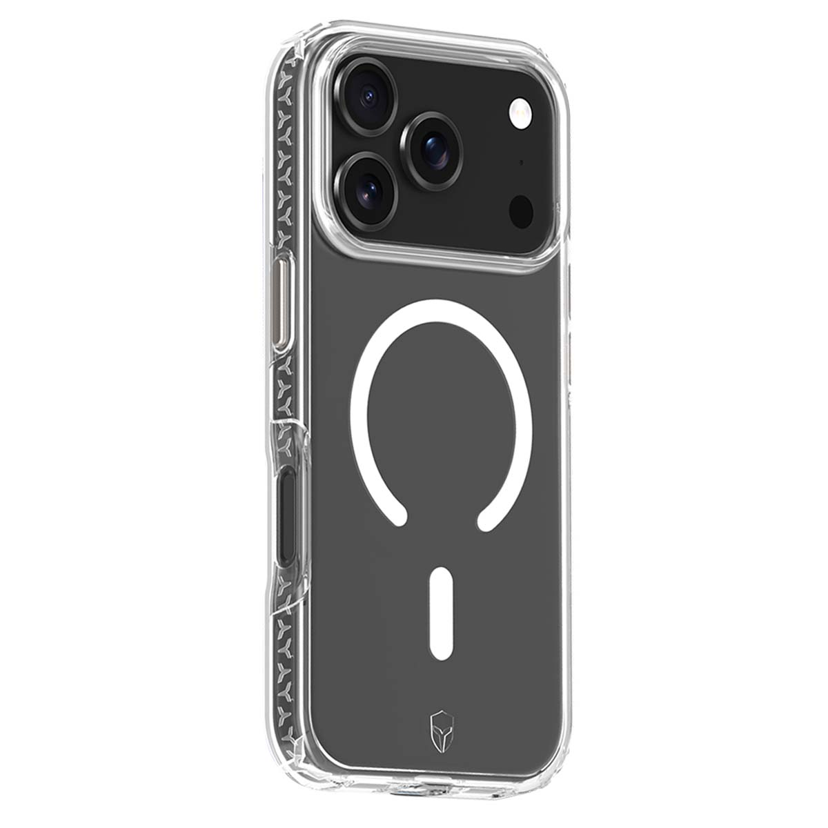 Custodia trasparente per iPhone. Ha un design circolare bianco sul retro con un segno meno sotto. Tre obiettivi della fotocamera visibili.