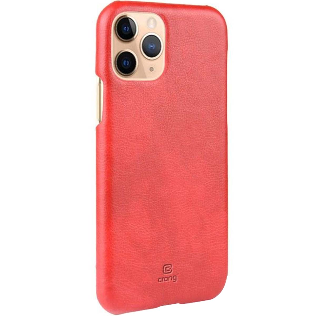 Una custodia rossa per telefono con tre ritagli per fotocamera. La custodia ha una superficie strutturata e un logo 'crong'.