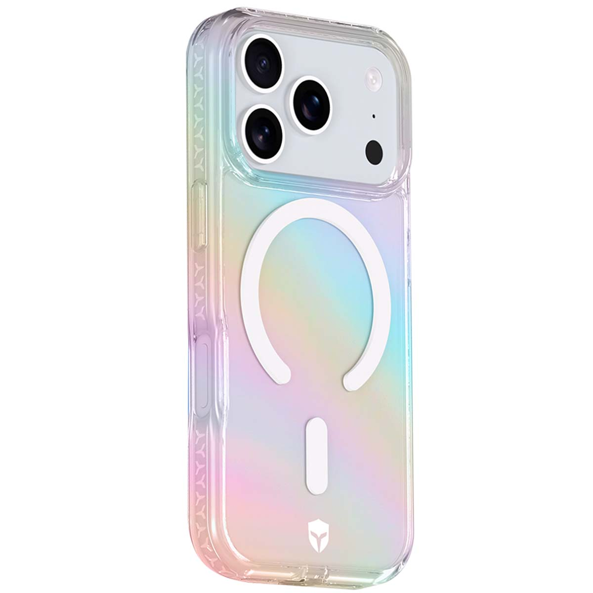 Ein iPhone in einer transparenten, schillernden Hülle mit weißem Magnetkreis und Minuszeichen. Drei Kameralinsen sind sichtbar.