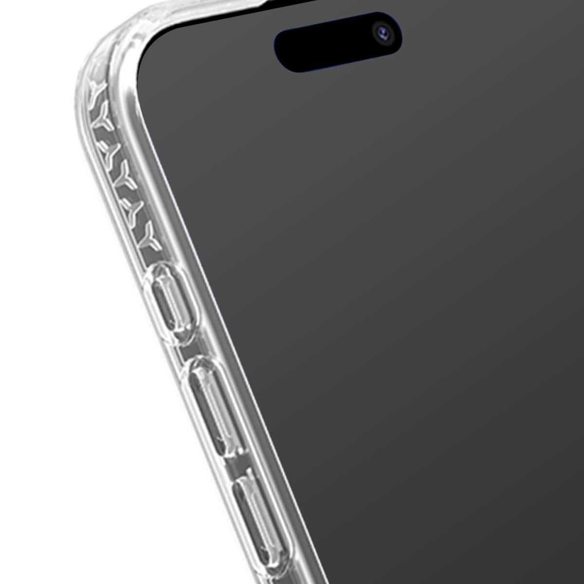 Primo piano di un telefono. Il telefono ha una custodia trasparente. Lo schermo è nero. La fotocamera è visibile. La custodia ha un motivo inciso.