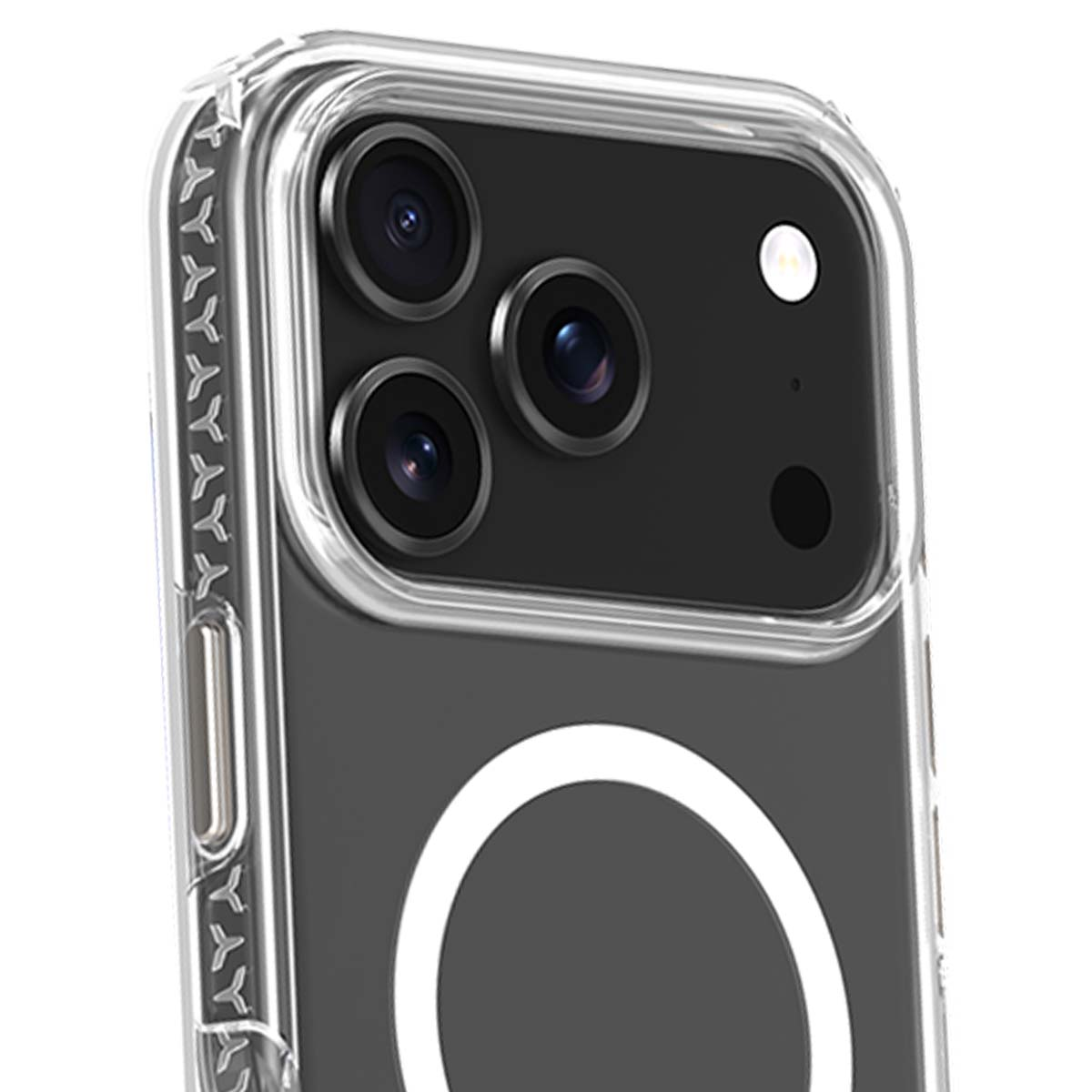 Primo piano di un telefono con custodia trasparente. Tre obiettivi della fotocamera sono visibili sul pannello nero. Un anello bianco in basso.