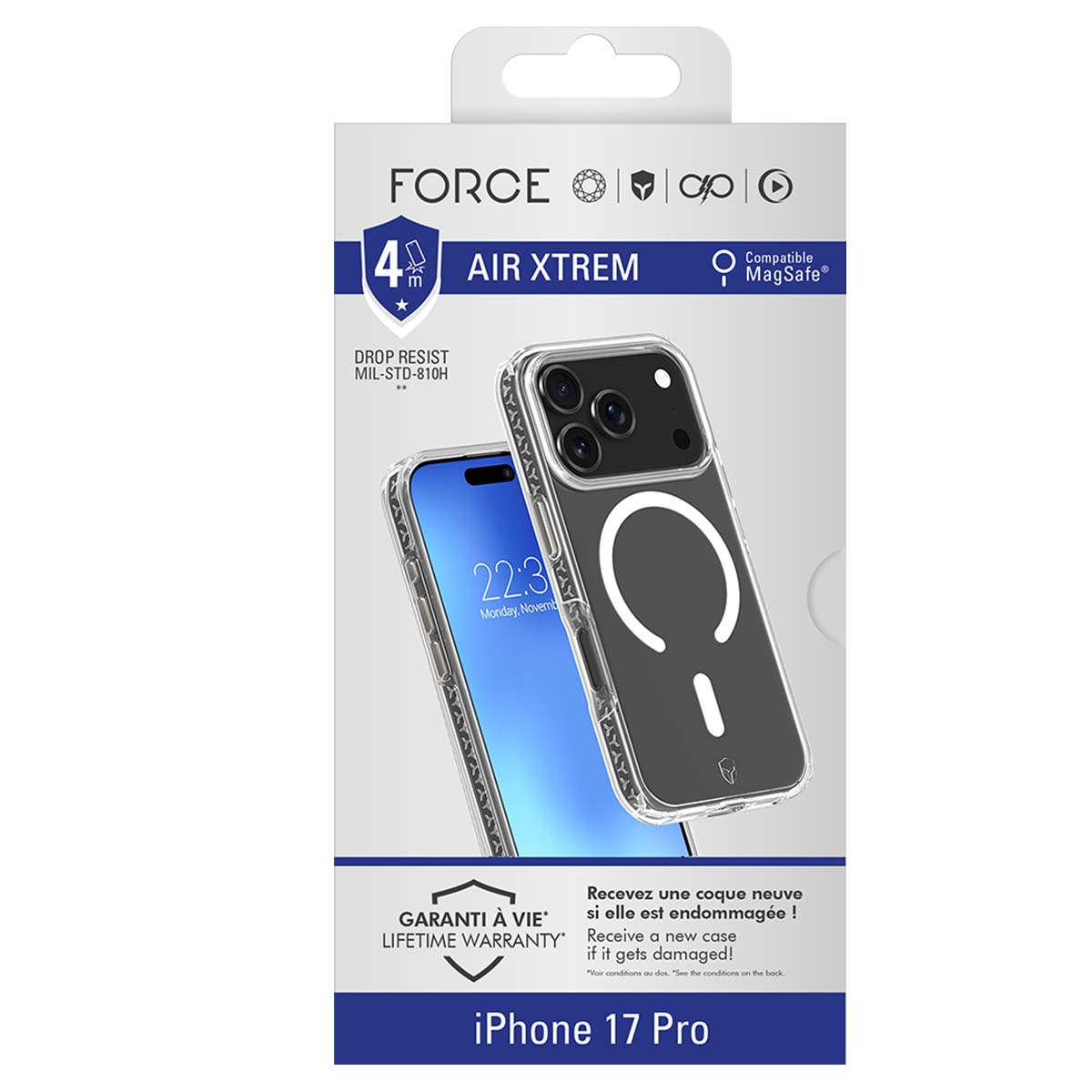 Eine Handyhülle mit einem iPhone darin. Text auf der Verpackung: FORCE, AIR XTREM und Drop Resist. Das Telefon zeigt 22:30.