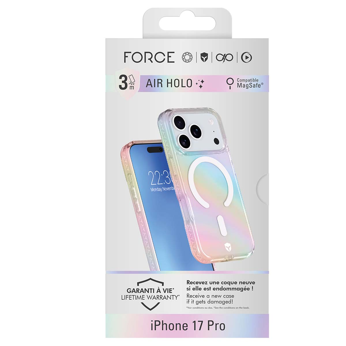 Ein Telefon in einer farbenfrohen Hülle, ausgestellt in einer Produktbox. Auf der Box steht 'Air Holo' und 'iPhone 17 Pro'.