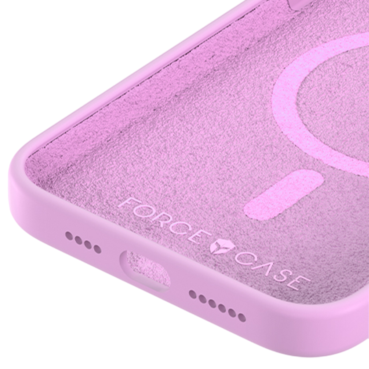 Primo piano dell'interno di una custodia rosa per telefono. Ha una superficie strutturata, il marchio 'FORCE CASE' e un design circolare.