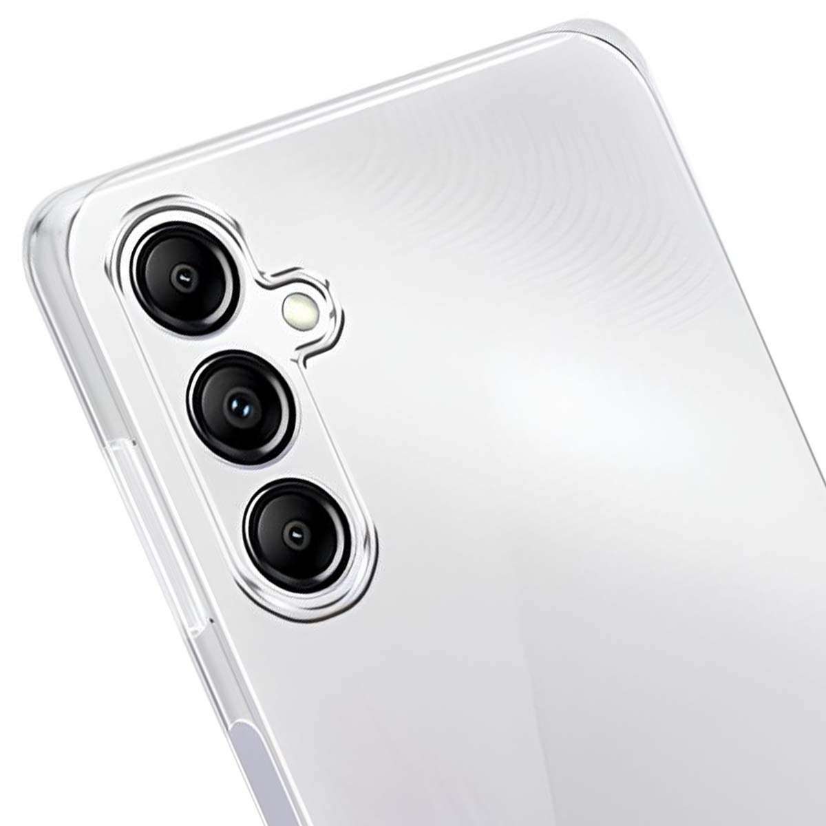 Primo piano di una custodia trasparente per telefono con tre lenti della fotocamera e un flash. La custodia è trasparente, mostrando il retro.
