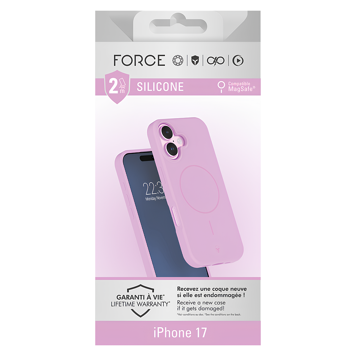 Una custodia rosa per telefono con un telefono all'interno. La custodia è per iPhone 17 e ha la compatibilità MagSafe. Le informazioni sulla garanzia sono visibili.