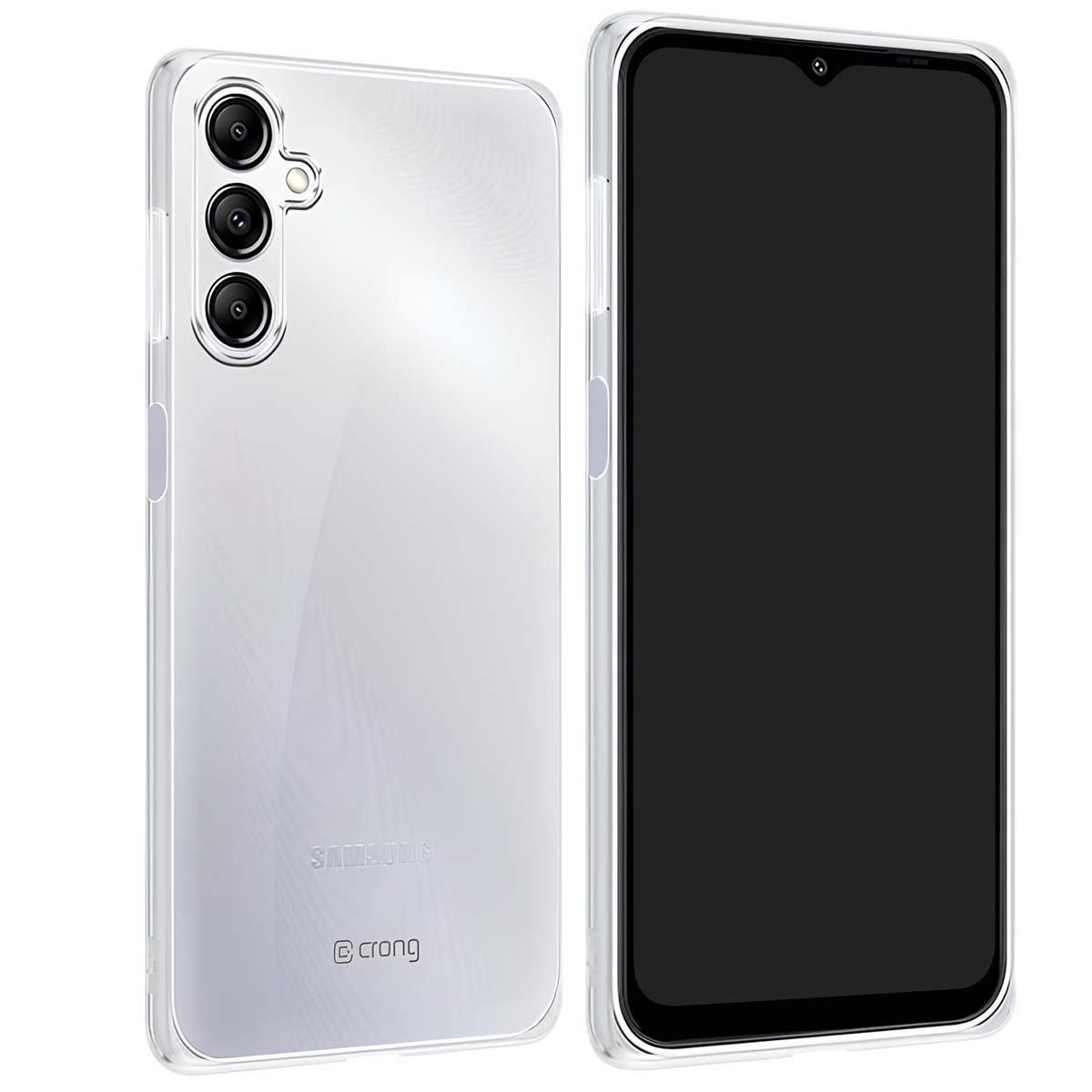Una custodia trasparente protegge un telefono Samsung. Il telefono ha uno schermo nero e la custodia ha fori per la fotocamera. Lo sfondo è bianco.