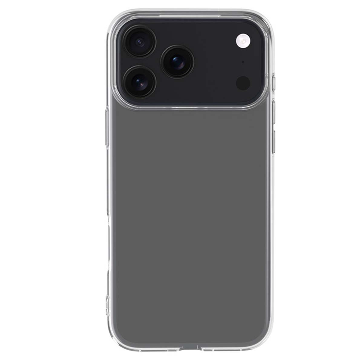 Custodia trasparente con modulo fotocamera nero e tre obiettivi. Il telefono è grigio.