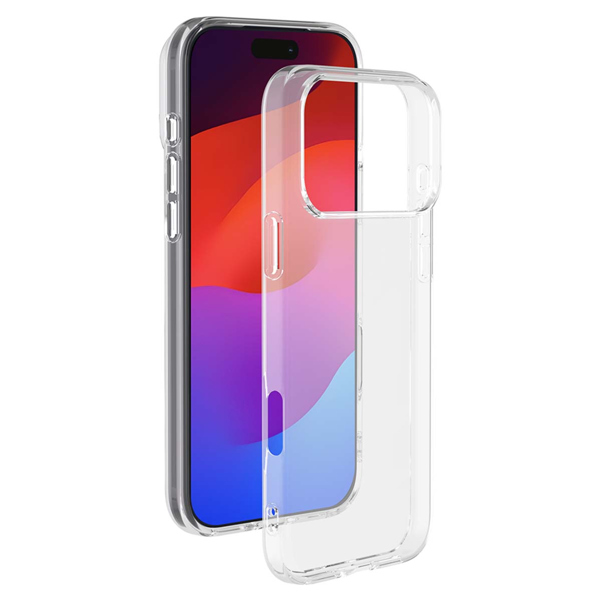 Una custodia trasparente per telefono accanto a uno smartphone con schermo colorato. La custodia è aperta e il telefono leggermente angolato.