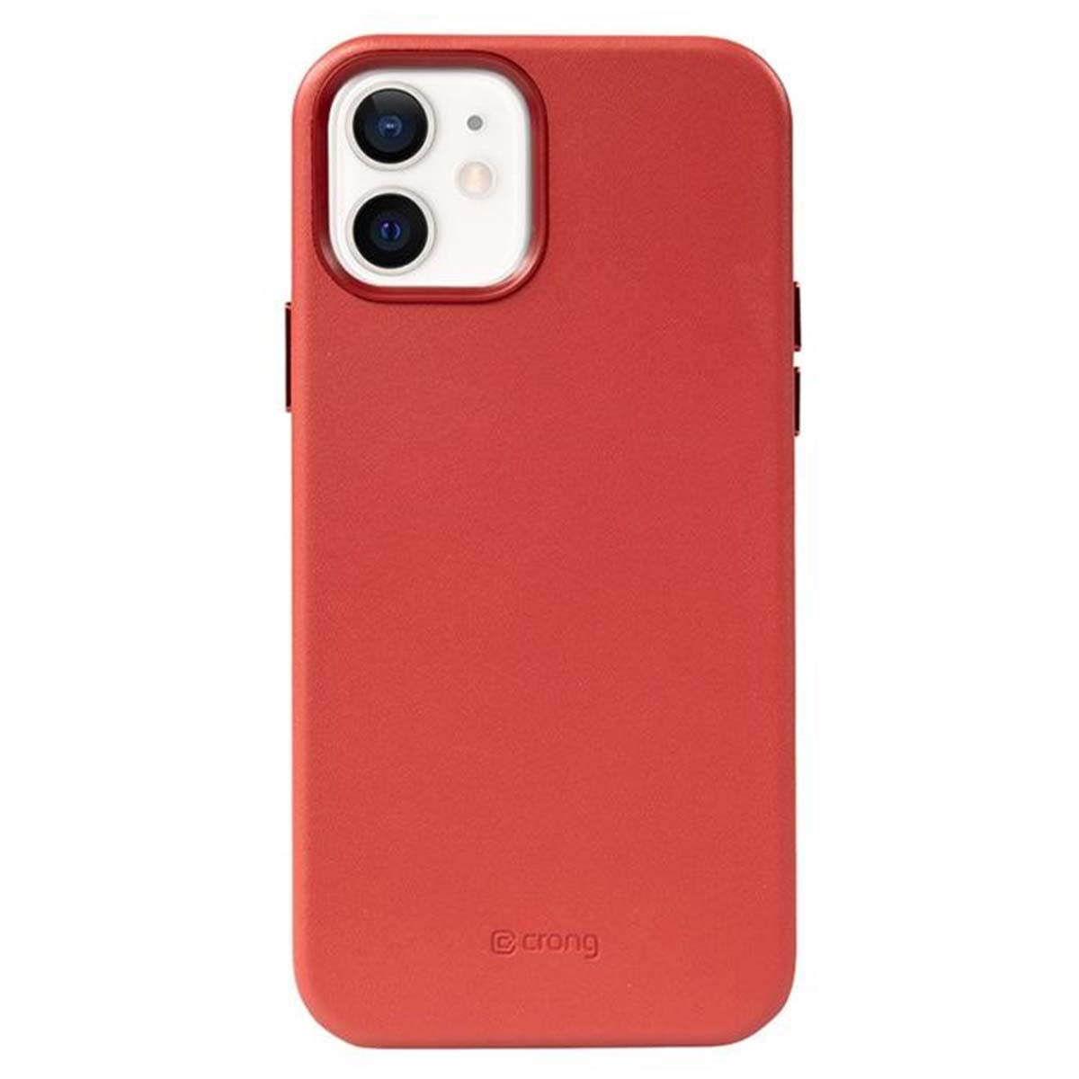 Una custodia rossa per telefono con l'area della fotocamera visibile. La custodia ha una finitura liscia e il marchio è visibile in basso.