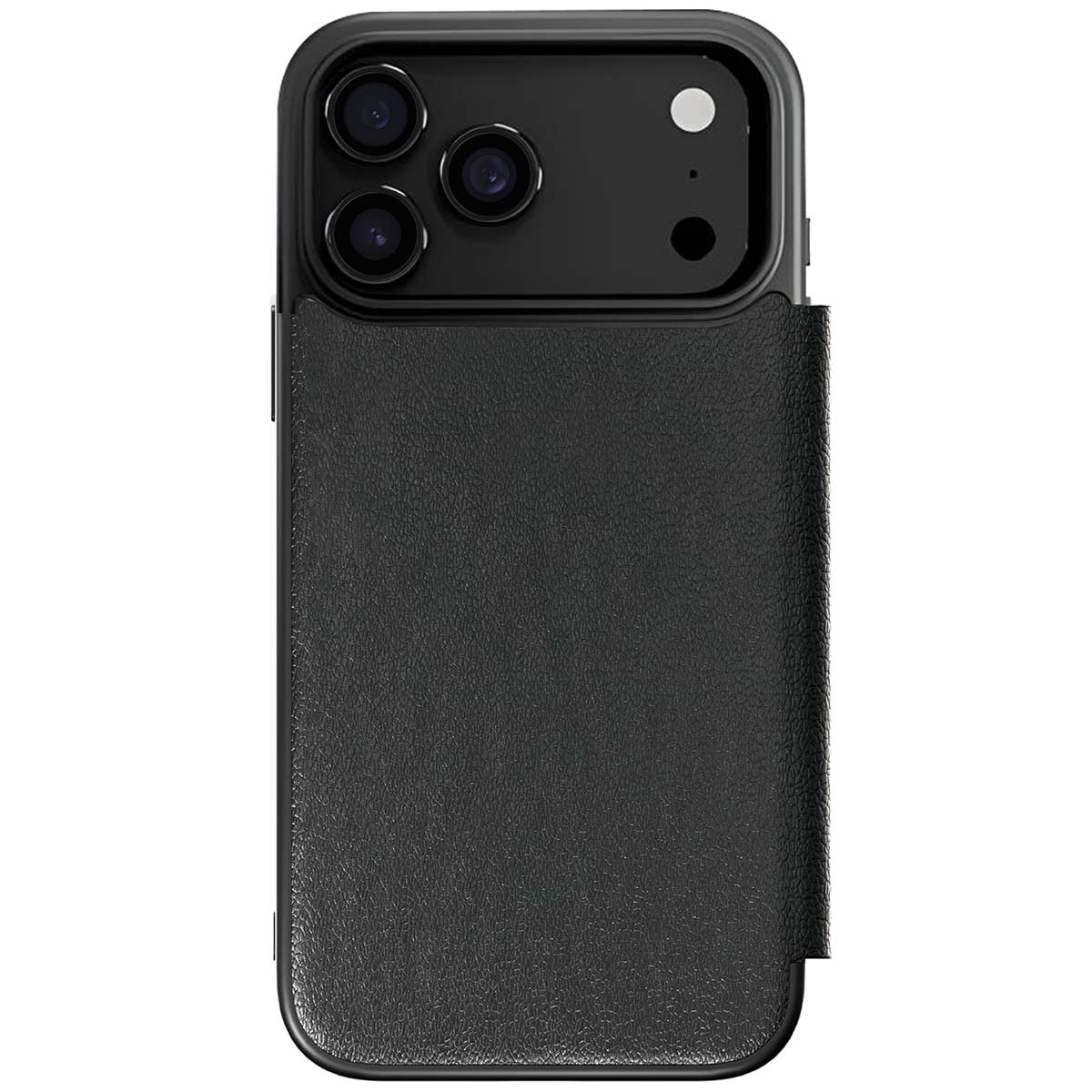 Una custodia nera per smartphone con tre lenti della fotocamera e un flash. La custodia ha una superficie strutturata.