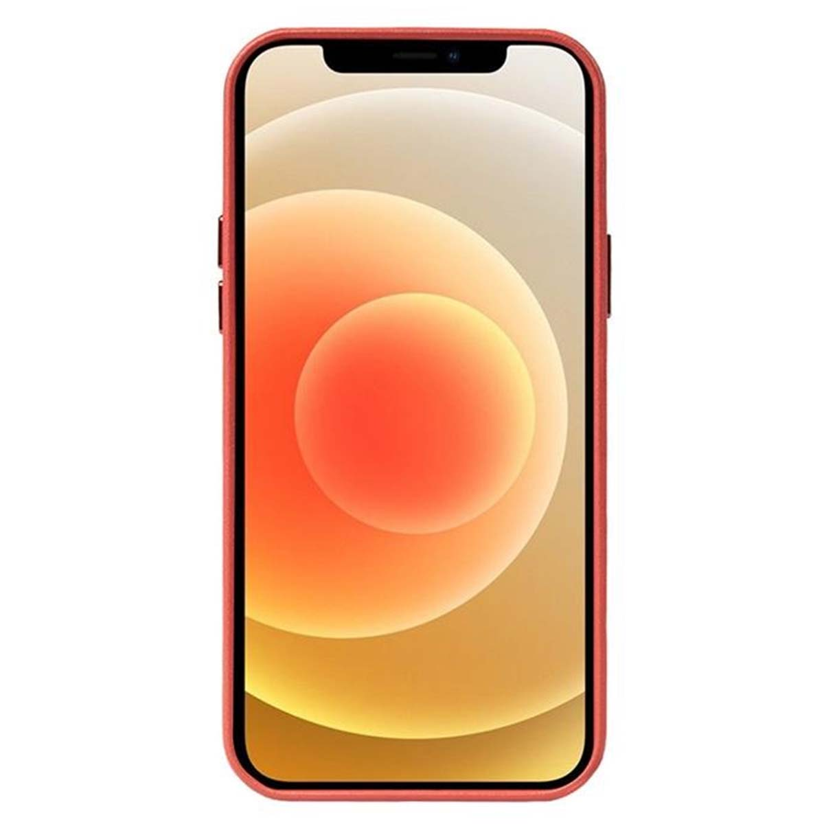 Un iPhone 12 in una custodia rossa. Lo schermo mostra un gradiente di cerchi arancioni e gialli. La custodia ha dei pulsanti laterali.