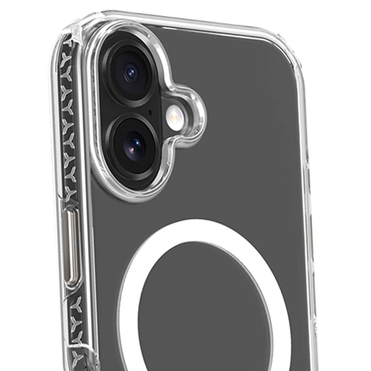 Primo piano di una custodia trasparente per telefono con modulo fotocamera. La custodia ha un anello bianco e un bordo trasparente. Obiettivi della fotocamera visibili.