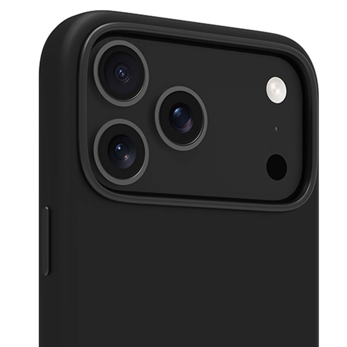 Primo piano del modulo fotocamera di uno smartphone nero. Ha tre lenti, un flash e un piccolo punto nero.